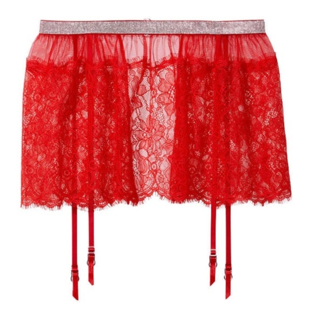 Red Lace Bridal Sexy Rhinestone Open Back Skirt with Garters // M/L